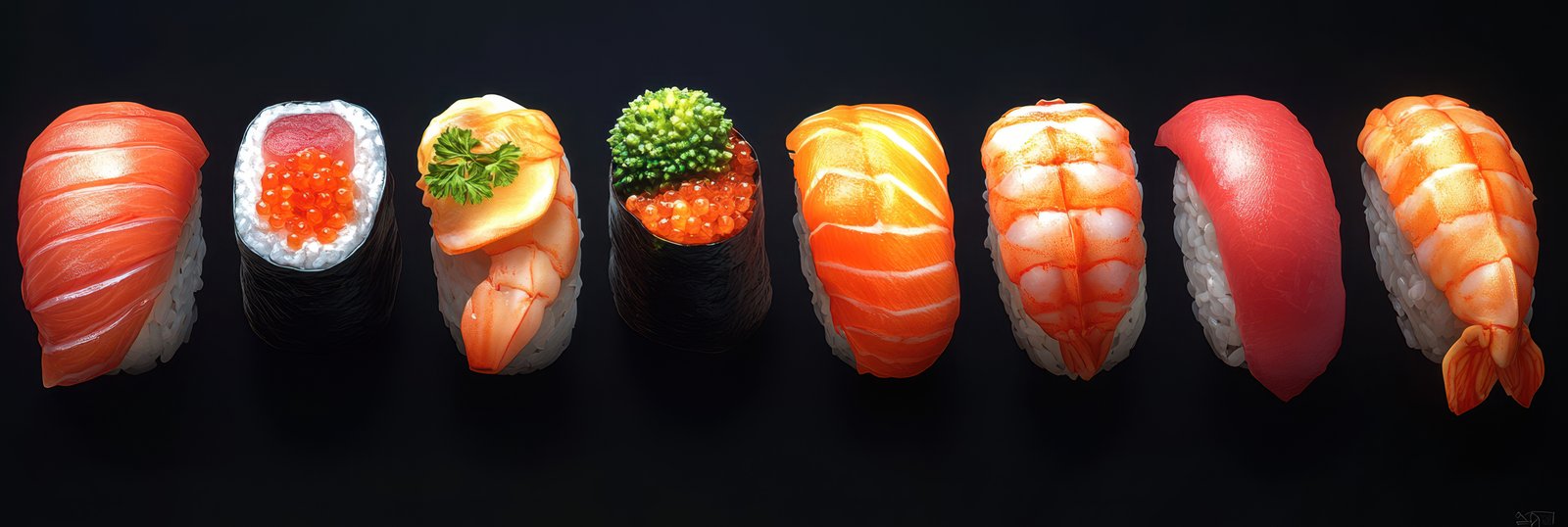 Ten pieces of assorted sushi rest on a dark surface